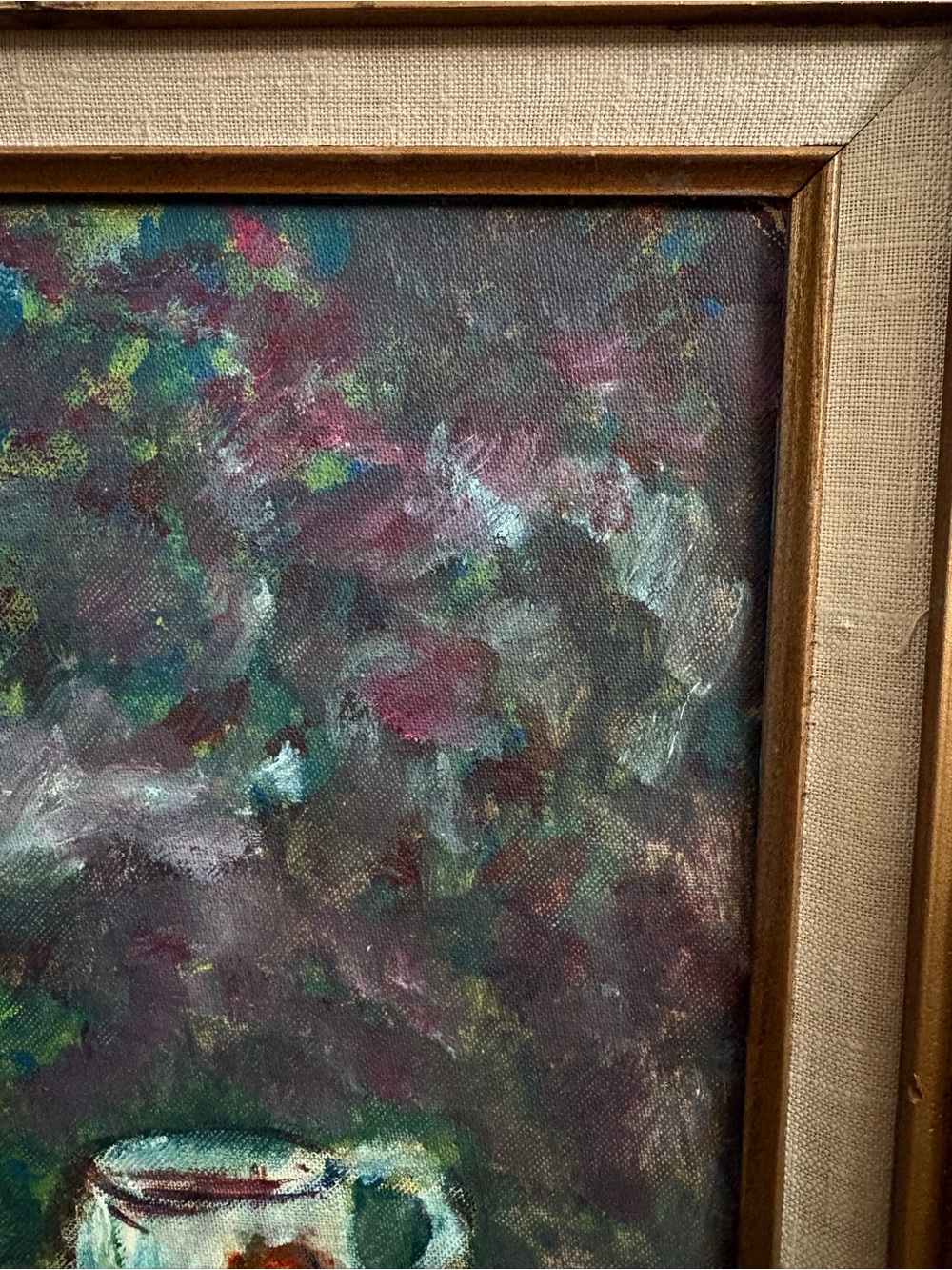 Vintage Teapot Still Life Abstract Oil Painting Framed Green & Gold Impasto VTG - Picture 10 of 14